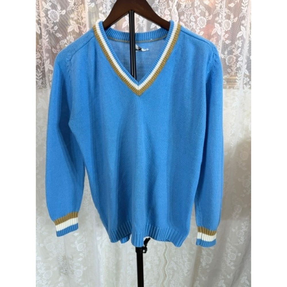 Vintage 1970's Miss Holly Blue V-Neck Sweater Striped Trim Acrylic Knit Size 38